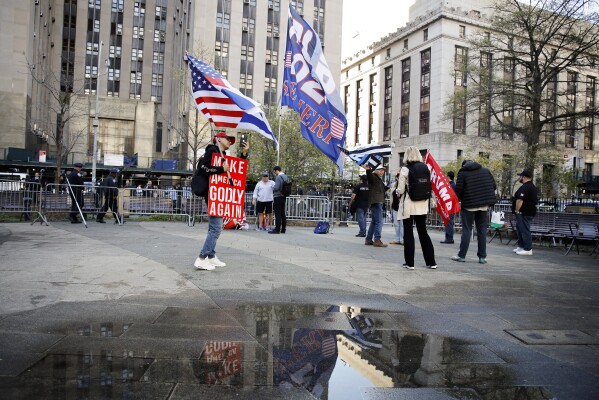 Supporters of former President Donald Trump demonstrate outside Manhattan criminal court, Monday, April 15, 2024, in New York. (AP Photo/Stefan Jeremiah)